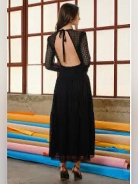 Black Long-Sleeve Crochet Midi Dress with Tie Necky